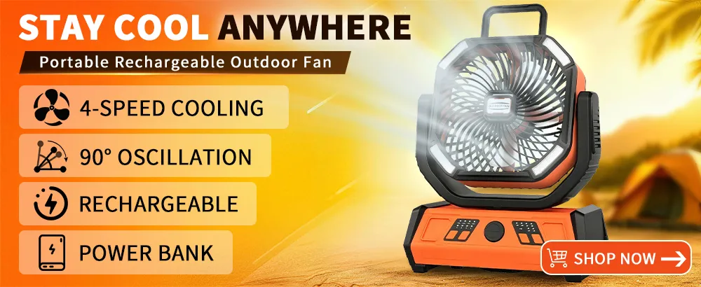 Outdoor Oscillating Fan with Remote Control, 20000mAh Rechargeable Camping Fan with Power Bank Feature