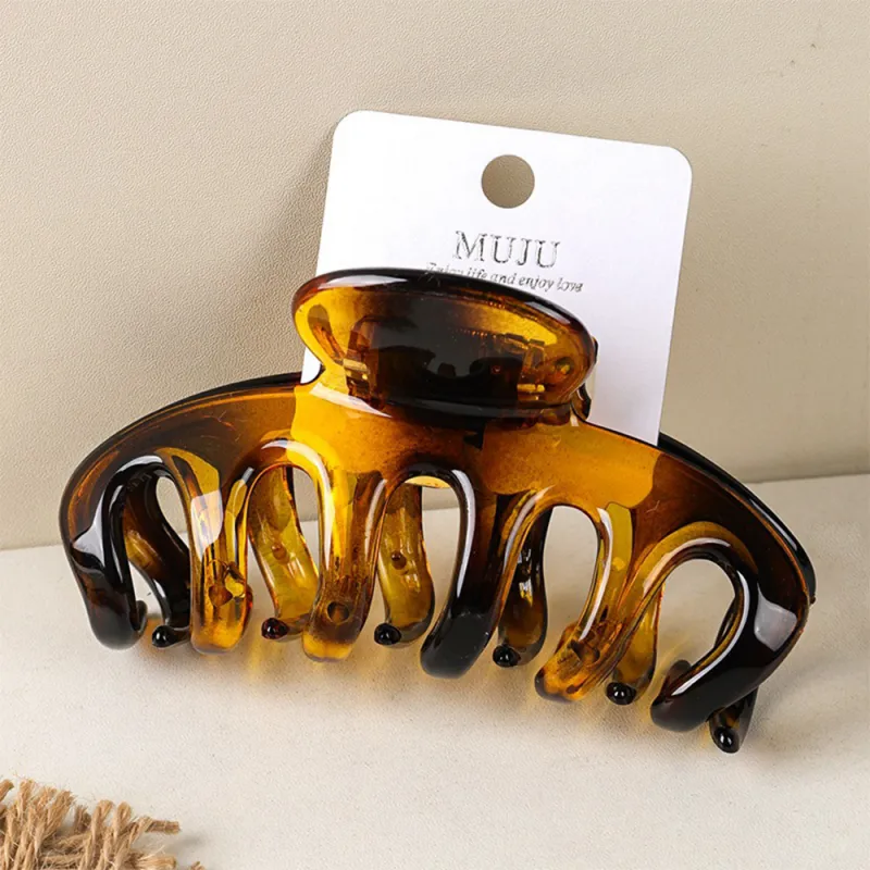 10PCS Carded high-end glossy amber hair claw clip, large volume, large hair clip, barcode hair accessory, PC shark clip for the back of the head Brown-2