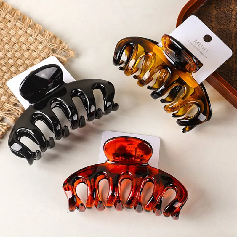 10PCS Carded high-end glossy amber hair claw clip, large volume, large hair clip, barcode hair accessory, PC shark clip for the back of the head Brown-6