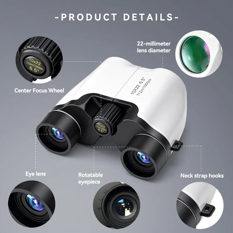 10x22 Binoculars, 112 to 1000m Vision Easy Focus Telescope Only 136g Waterproof FMC Multilayer Small Binoculars White-5