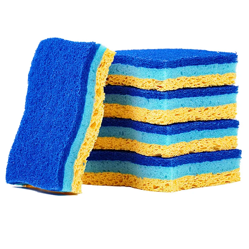 4 PCS Small Wave Wood Pulp Dishwashing Sponge, Thickened Double-Sided Cleaning, Magic Scrubber for Dishes and Pots