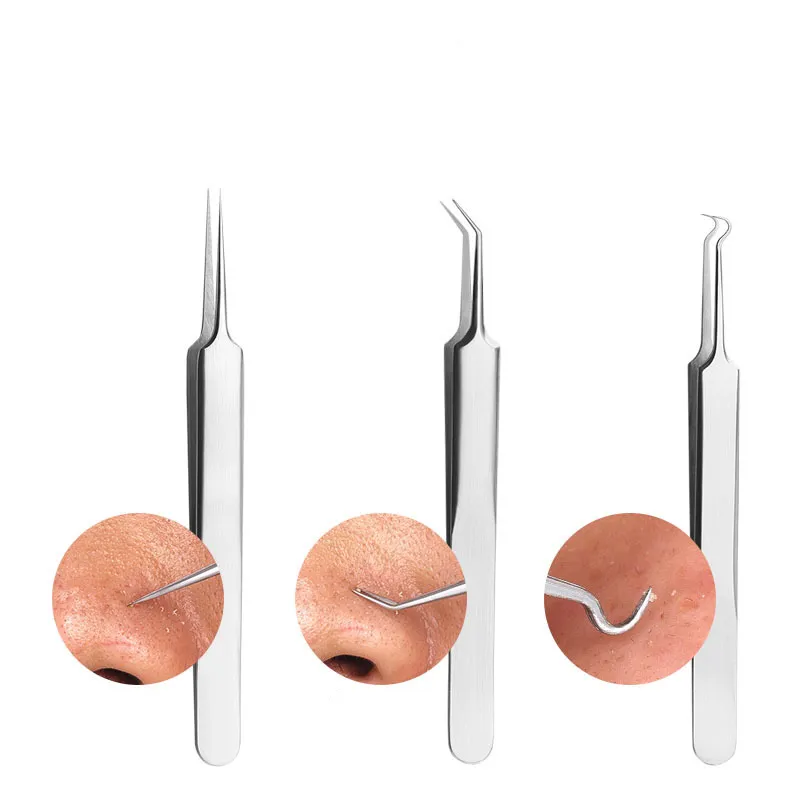8 in 1 Stainless steel blackhead remover, acne needle, tweezers, pimple extractor, and acne treatment tool set. Silver-3