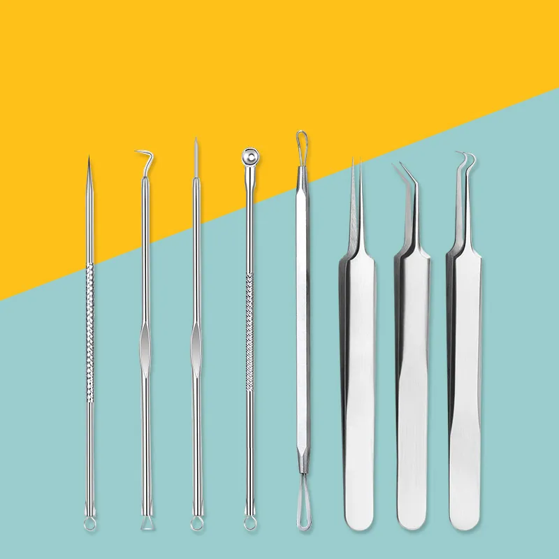 8 in 1 Stainless steel blackhead remover, acne needle, tweezers, pimple extractor, and acne treatment tool set. Silver-4