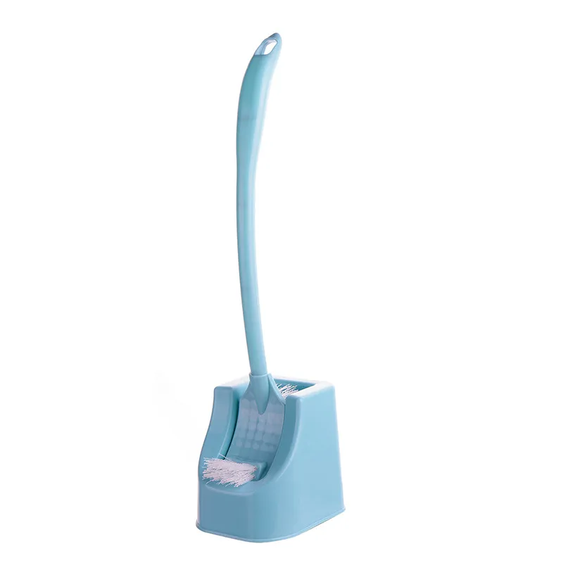 Creative curved long-handled plastic toilet brush set, with a square head for thorough cleaning and stain removal, includes a base. Blue