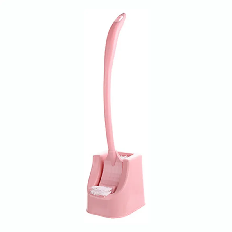 Creative curved long-handled plastic toilet brush set, with a square head for thorough cleaning and stain removal, includes a base. Pink