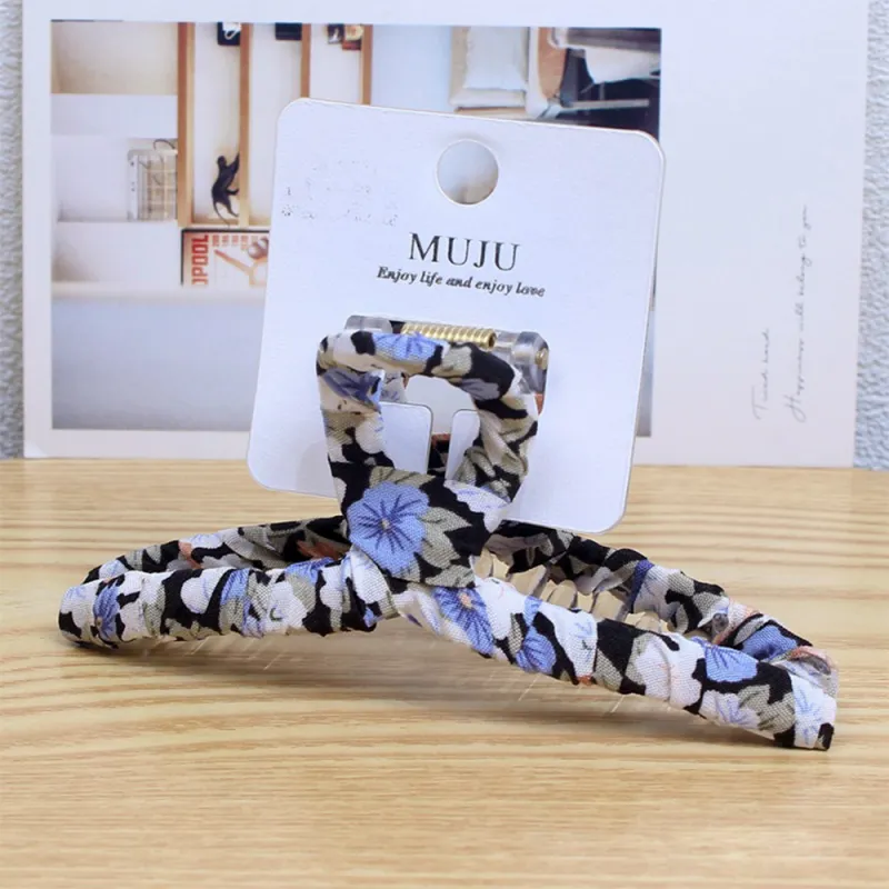 10PCS Elegant floral fabric hair clip, large size, single piece, packaged, high-end hairpin for women, shark clip for the back of the head Black-2