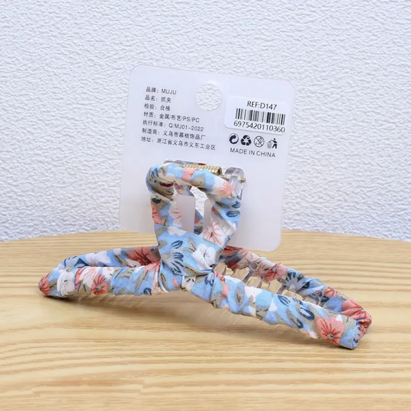 10PCS Elegant floral fabric hair clip, large size, single piece, packaged, high-end hairpin for women, shark clip for the back of the head Sky Blue-2