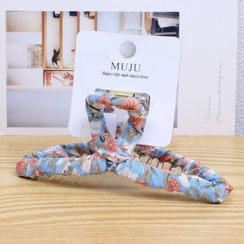 10PCS Elegant floral fabric hair clip, large size, single piece, packaged, high-end hairpin for women, shark clip for the back of the head Sky Blue-3