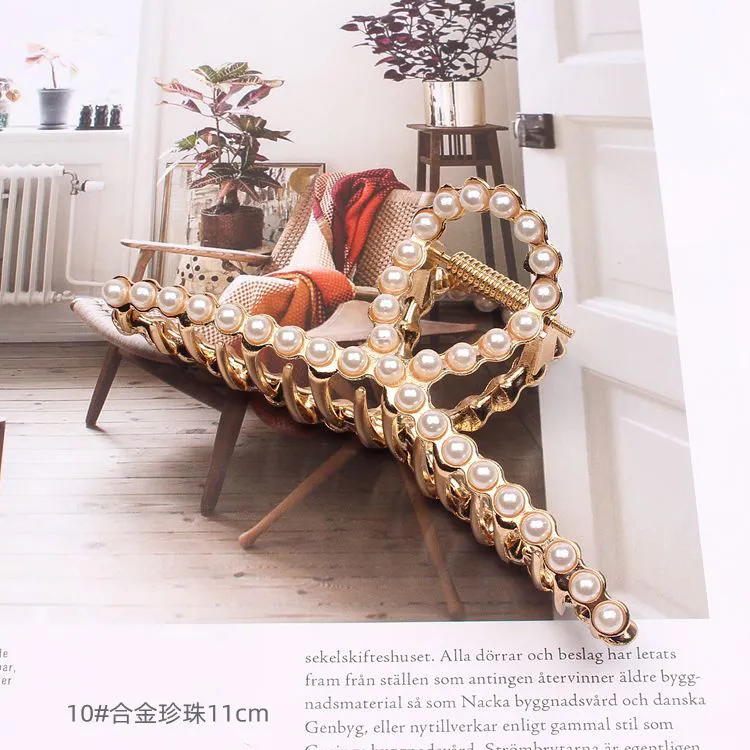 10PCS High-end metal large hair claw, Korean style electroplated matte gold, elegant hair clip, sweet pearl hair claw for the back of the head, shark clip Gold-2