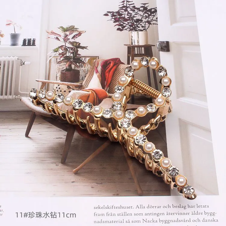 10PCS High-end metal large hair claw, Korean style electroplated matte gold, elegant hair clip, sweet pearl hair claw for the back of the head, shark clip Gold-2