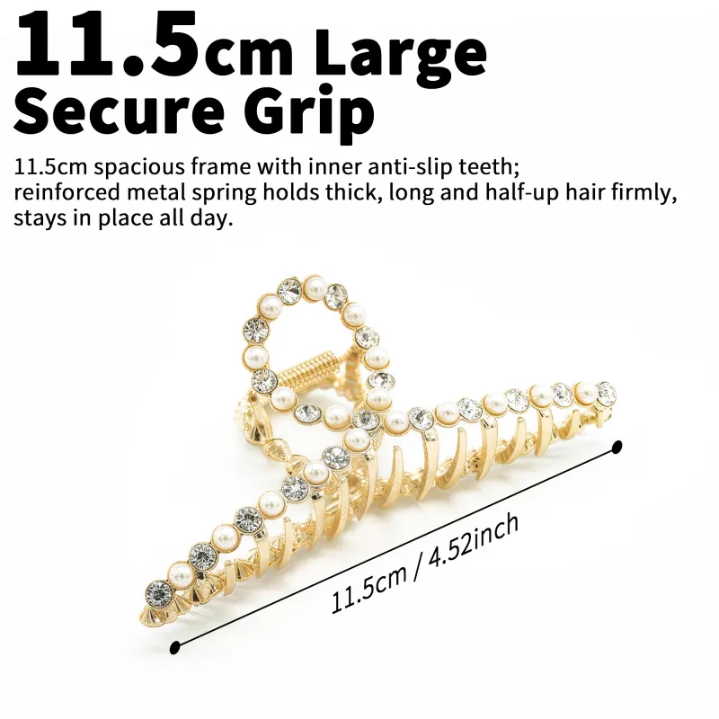 10PCS High-end metal large hair claw, Korean style electroplated matte gold, elegant hair clip, sweet pearl hair claw for the back of the head, shark clip Gold-3