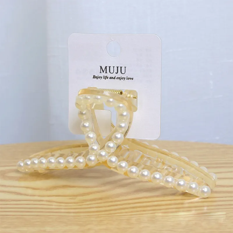 10PCS Light luxury pearl hair accessory for women, Korean-style hair clip, shark clip for the back of the head, high-end carded claw clip Clear-2
