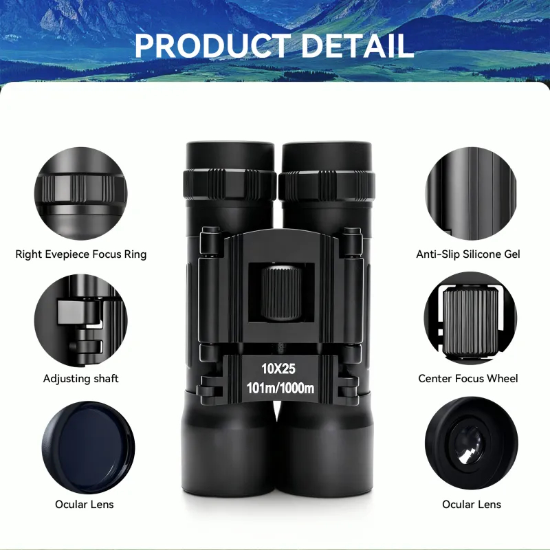 10x25 Binoculars, 101 to 1000m Large View Easy Focus Telescope Only 164g Green Coating Small Binoculars Black-6