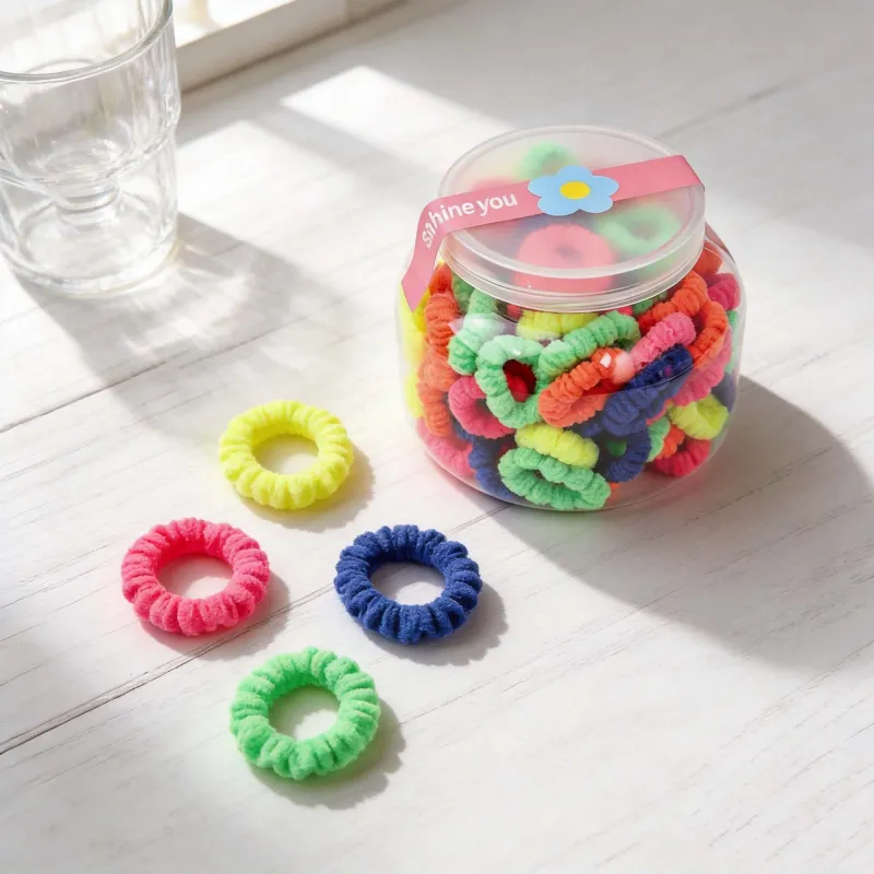 12 Boxes 100-Pack Boxed Rubber Bands for Children, Seamless Hair Ties, Cute Hair Accessories, Storage Cup, Knitted Hair Bands Mixed-7