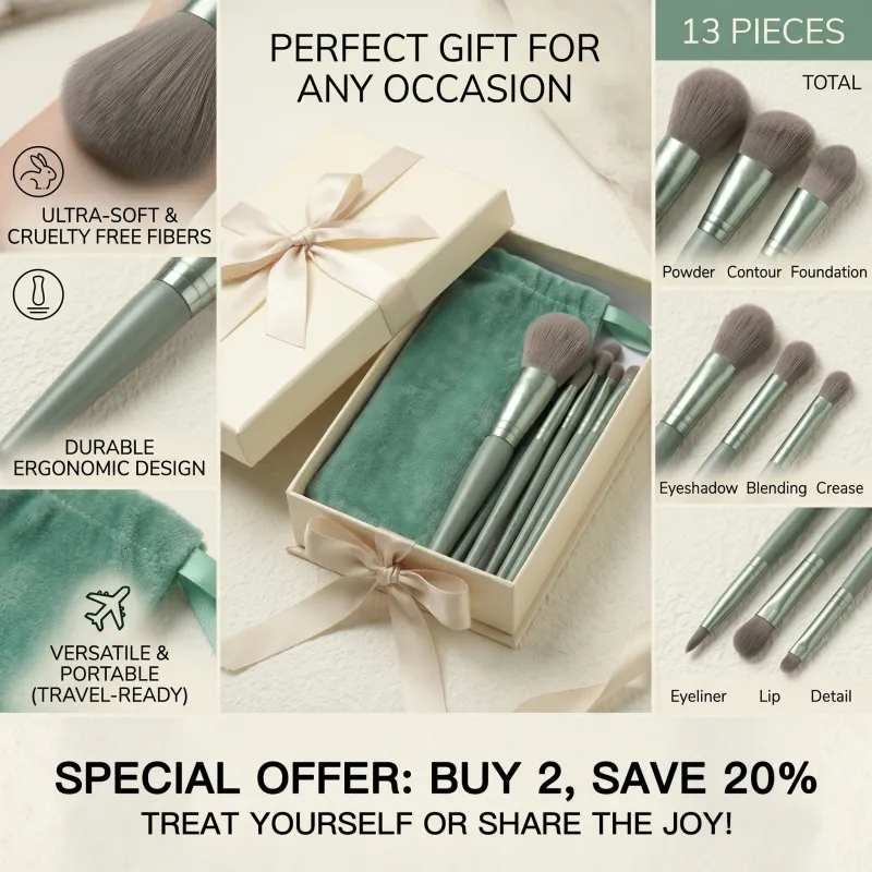13-Piece Makeup Brush Set, for Loose Powder, Concealer, Eyeshadow, Blush, and Foundation - Complete Beauty Tool Kit Green-4