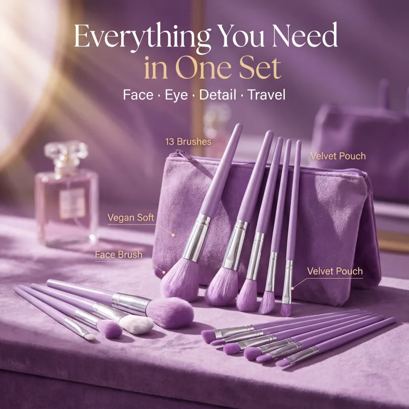 13-Piece Makeup Brush Set, for Loose Powder, Concealer, Eyeshadow, Blush, and Foundation - Complete Beauty Tool Kit Purple-2