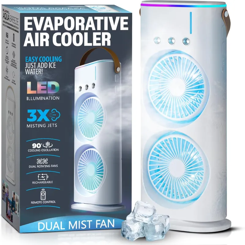 VoVoDeal Double-Ended Spray Fan with 3-Hole Mist, Portable Oscillating Misting Fan with RGB Atmosphere Light, 1800mAh Rechargeable Desktop Fan for Home & Office