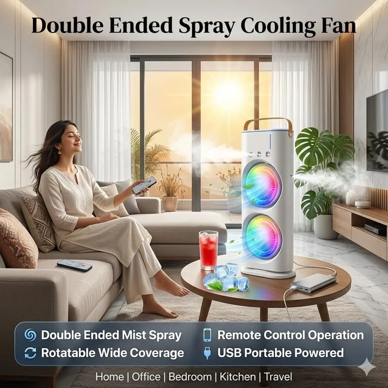 VoVoDeal Double-Ended Spray Fan with 3-Hole Mist, Portable Oscillating Misting Fan with RGB Atmosphere Light, 1800mAh Rechargeable Desktop Fan for Home & Office White-2