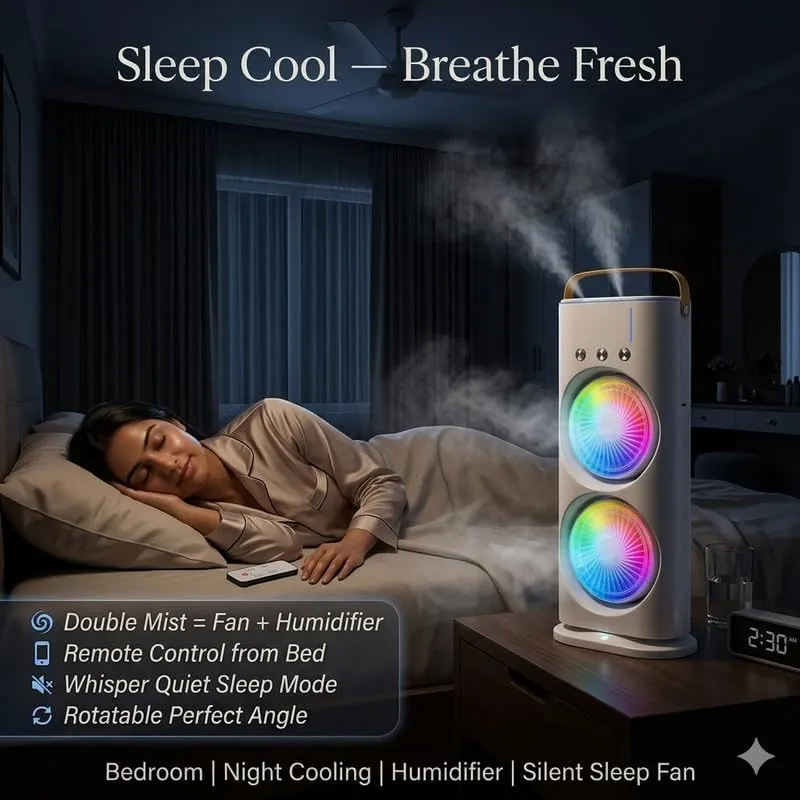 VoVoDeal Double-Ended Spray Fan with 3-Hole Mist, Portable Oscillating Misting Fan with RGB Atmosphere Light, 1800mAh Rechargeable Desktop Fan for Home & Office White-4