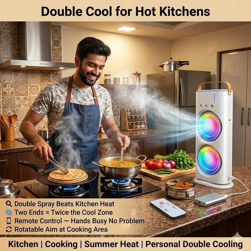 VoVoDeal Double-Ended Spray Fan with 3-Hole Mist, Portable Oscillating Misting Fan with RGB Atmosphere Light, 1800mAh Rechargeable Desktop Fan for Home & Office White-5