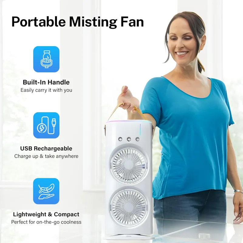 VoVoDeal Double-Ended Spray Fan with 3-Hole Mist, Portable Oscillating Misting Fan with RGB Atmosphere Light, 1800mAh Rechargeable Desktop Fan for Home & Office White-6