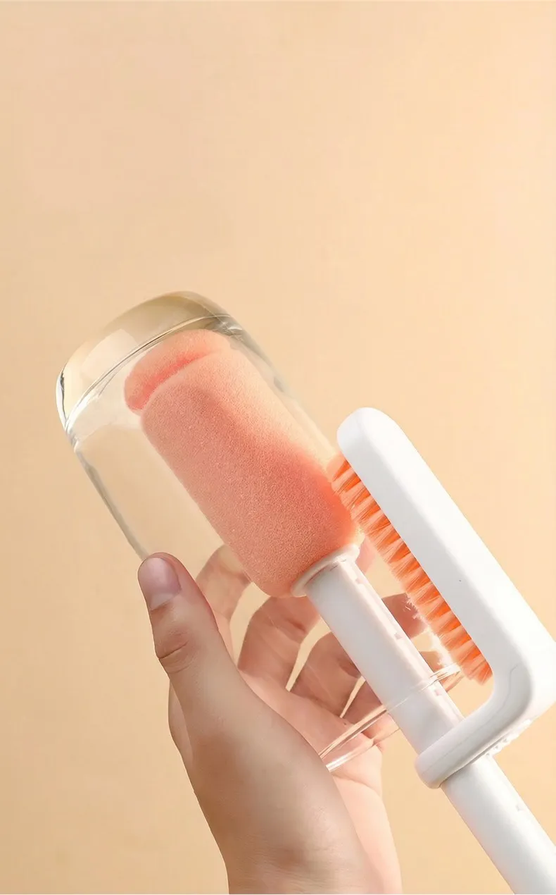 3-in-1 double-ended bottle brush, a versatile household cleaning brush with sponge for washing cups and bottles. White-5