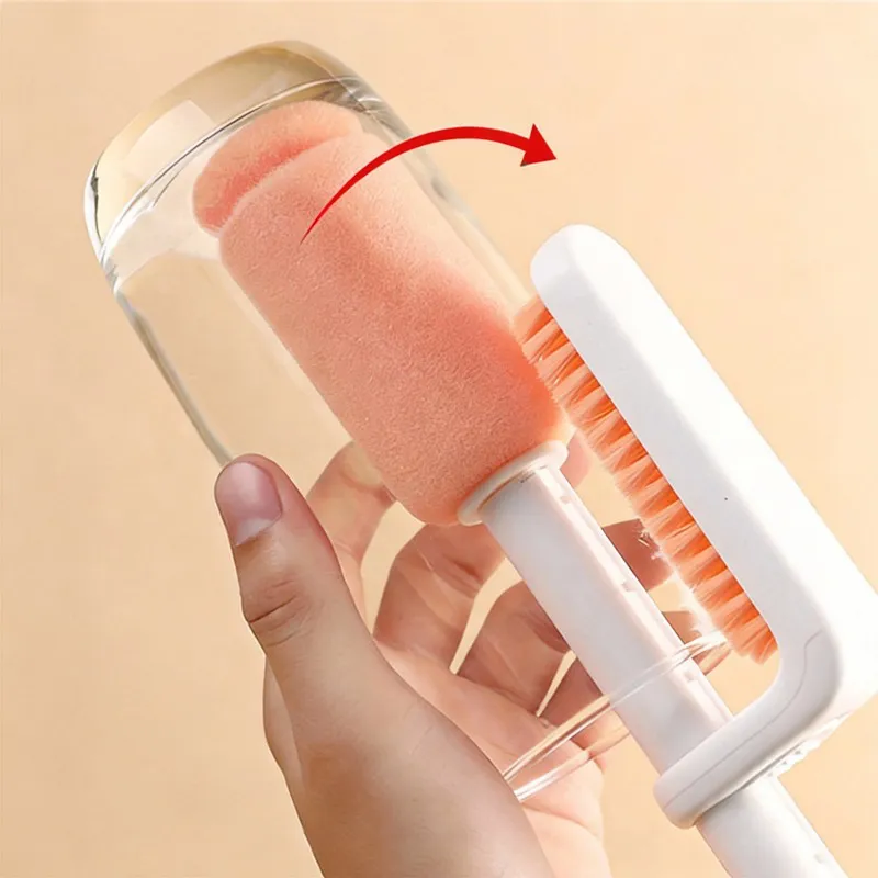 3-in-1 double-ended bottle brush, a versatile household cleaning brush with sponge for washing cups and bottles. Blue-2