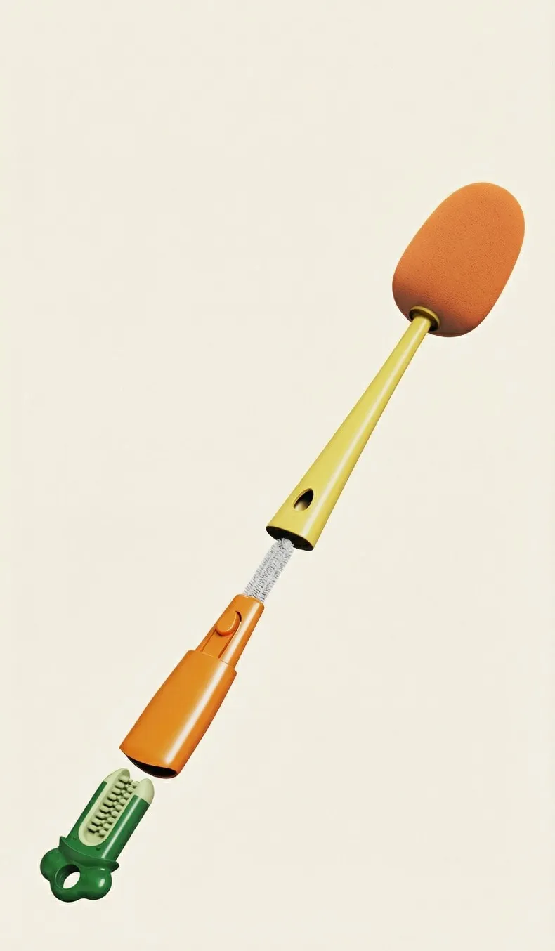 3-in-1 Multifunctional Cup Brush, Sponge Brush Long Handle Bottle Cleaner Brush for Baby Bottles, Insulated Bottle, Vase, Narrow Neck Containers (1 Set) Yellow-3