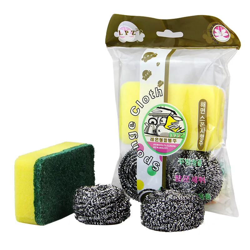 3 in 1 Scrub King Dishwashing Sponge and Steel Wool Ball Set, Kitchen Household Sponge