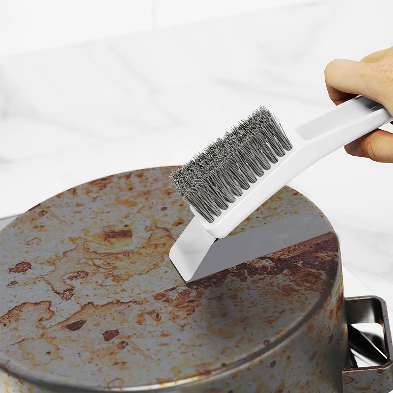3 in 1 stovetop brush, gas stove cleaning brush with steel bristles and small scraper for cleaning pots and pans. White-3