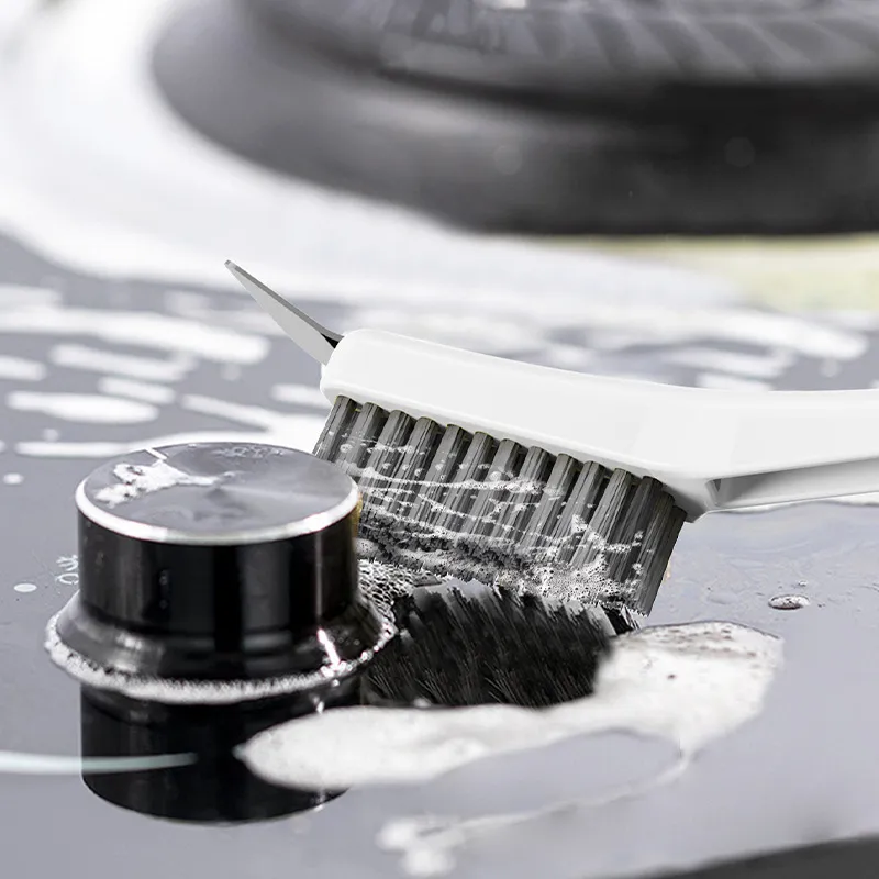 3 in 1 stovetop brush, gas stove cleaning brush with steel bristles and small scraper for cleaning pots and pans. White-4