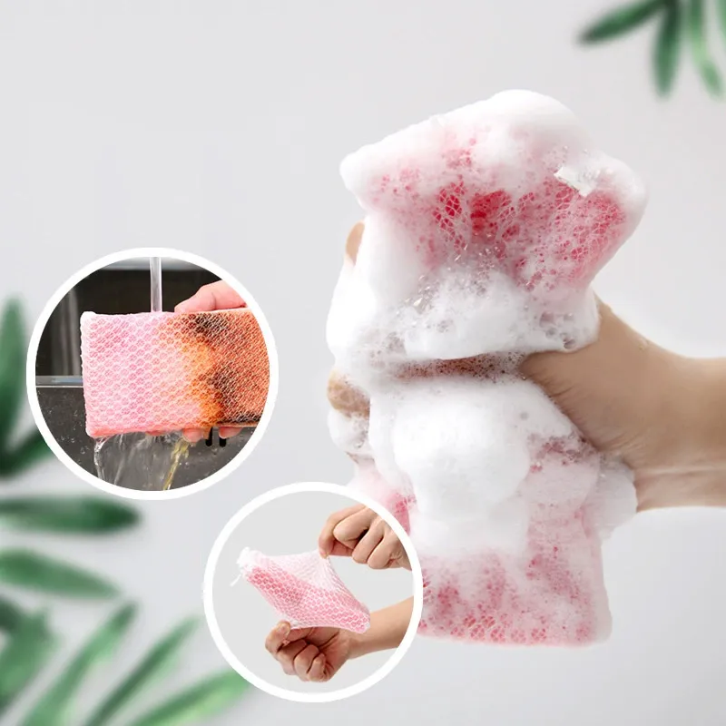 3 PCS Mesh Cleaning Sponge, Bamboo Fiber Dish Cloth, Kitchen Household Cleaning Double-Sided Sponge Block Mixed-2
