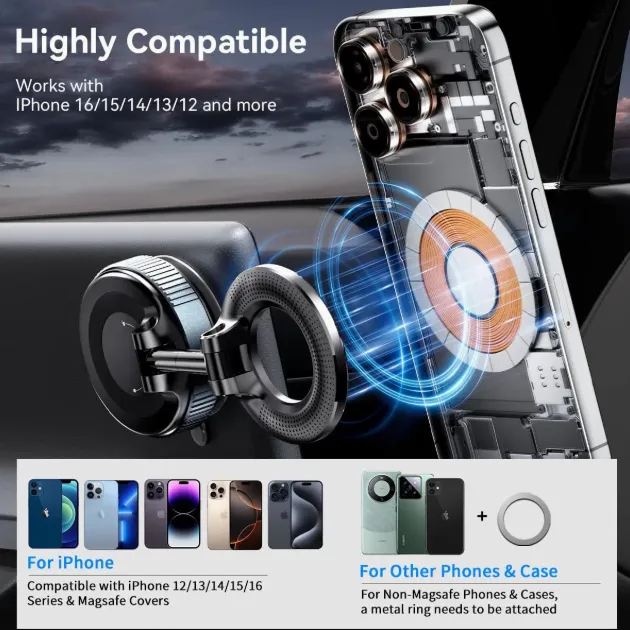 360° Nano Gel Magnetic Phone Holder, Strong Suction Cup Car Mount with Foldable Arm Black-7