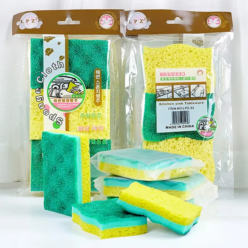 4 PCS Small Wave Wood Pulp Dishwashing Sponge, Thickened Double-Sided Cleaning, Magic Scrubber for Dishes and Pots Green-2
