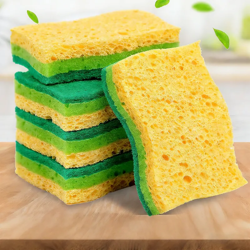 4 PCS Small Wave Wood Pulp Dishwashing Sponge, Thickened Double-Sided Cleaning, Magic Scrubber for Dishes and Pots Green-4