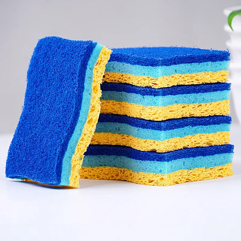 4 PCS Small Wave Wood Pulp Dishwashing Sponge, Thickened Double-Sided Cleaning, Magic Scrubber for Dishes and Pots Blue-2