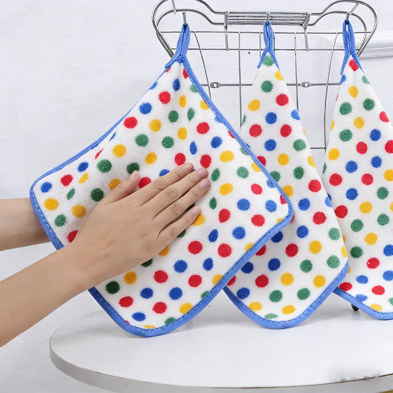 5 PCS Coral fleece polka dot dishcloth, dishwashing polka dot square towel, household hand towel with hanging rope Mixed