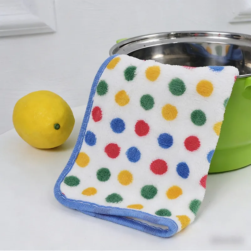 5 PCS Coral fleece polka dot dishcloth, dishwashing polka dot square towel, household hand towel with hanging rope Mixed-2