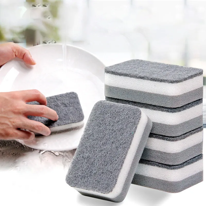 5 PCS Double-sided sponge for kitchen cleaning, dishwashing sponge block, high-density thickened sponge scouring pad Gray-3
