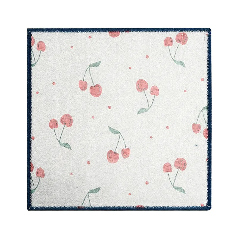 5 PCS Printed cherry cotton yarn thick dishcloth, multi-layer absorbent and easy-to-clean kitchen dishcloth, strawberry mesh oil-repellent scouring pad