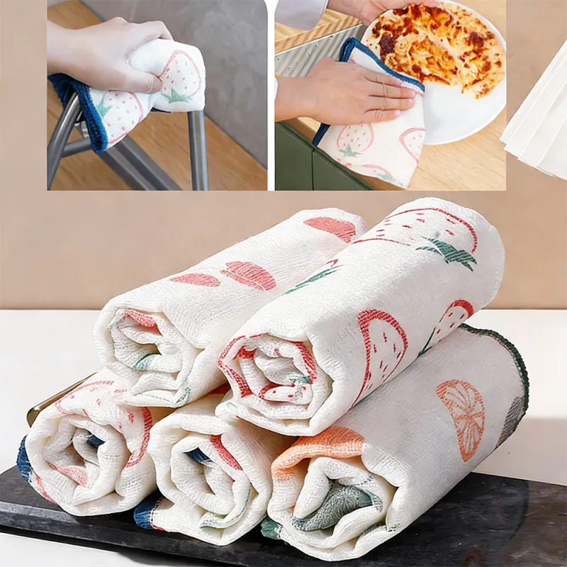5 PCS Printed cherry cotton yarn thick dishcloth, multi-layer absorbent and easy-to-clean kitchen dishcloth, strawberry mesh oil-repellent scouring pad. Mixed-4