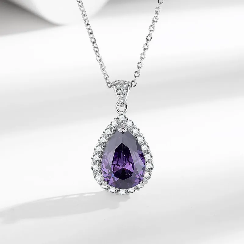 8-Carat Purple Zircon Teardrop Necklace for Women, Gemstone Women's Clavicle Chain Purple-2