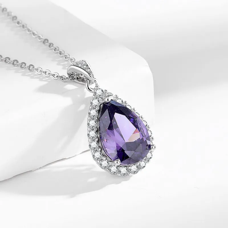 8-Carat Purple Zircon Teardrop Necklace for Women, Gemstone Women's Clavicle Chain Purple-3