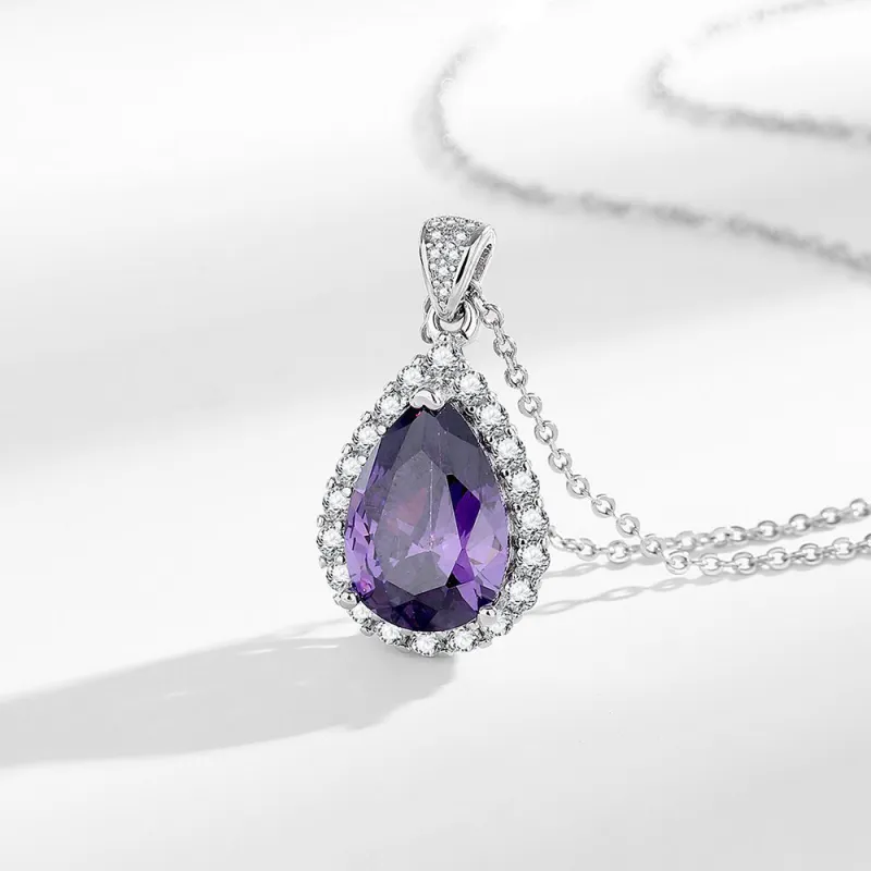 8-Carat Purple Zircon Teardrop Necklace for Women, Gemstone Women's Clavicle Chain Purple-4