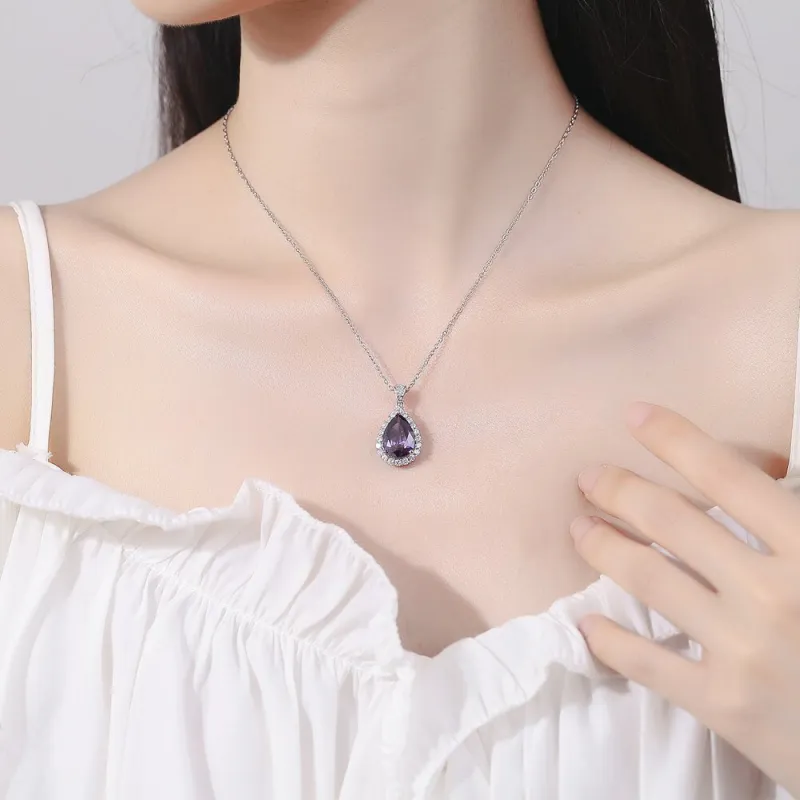 8-Carat Purple Zircon Teardrop Necklace for Women, Gemstone Women's Clavicle Chain Purple-5