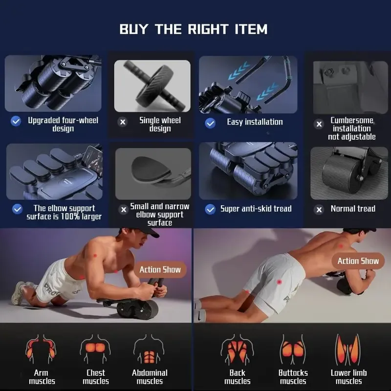 Abs Machine Gym Use Abdominal Core Strength Training 4 Wheel Abdominal Roller Black | Fitness Equipment & Gear | Abdominal Exercisers | 1 Abdominal Roller Wheel Black-6