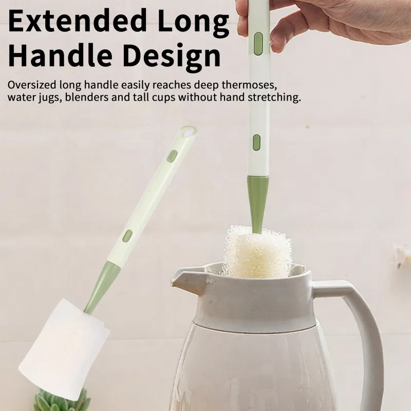 Adjustable Sponge Cleaning Brush Cleaner with Plastic Long Handle Cup Feeding Bottle Scrubber Washing Green-3