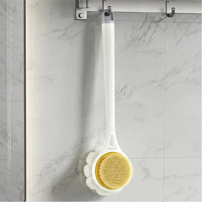 Back Scrubber Body Shower Anti Slip Long Handle with Stiff and Soft Bristles - Showering Exfoliator White-2