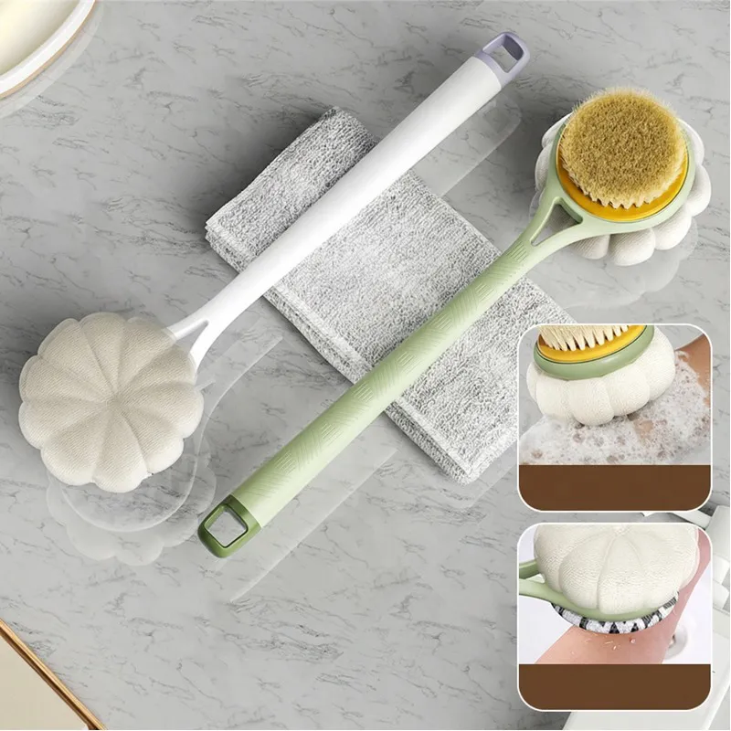 Back Scrubber Body Shower Anti Slip Long Handle with Stiff and Soft Bristles - Showering Exfoliator White-3
