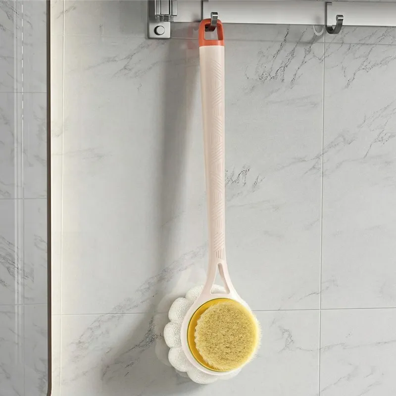 Back Scrubber Body Shower Anti Slip Long Handle with Stiff and Soft Bristles - Showering Exfoliator Pink-2